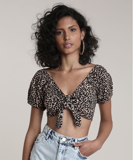 Top-Cropped-Feminino-Estampado-Animal-Print-com-Amarracao-Manga-Curta-Decote-V-Bege-9704868-Bege_1