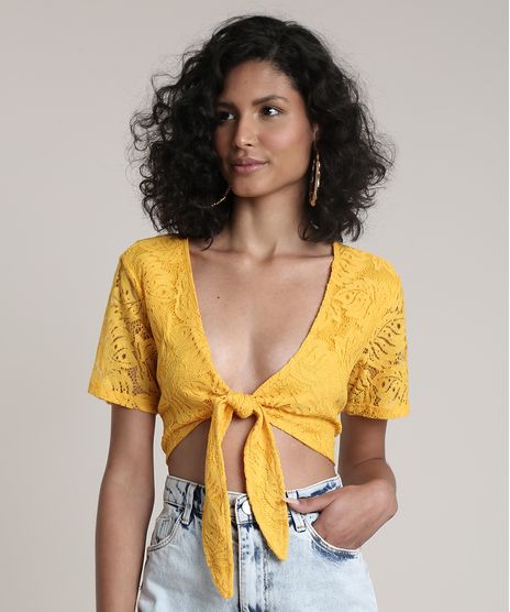 Top-Cropped-Feminino-em-Renda-com-Amarracao-Manga-Curta-Decote-V-Amarelo-9623011-Amarelo_1