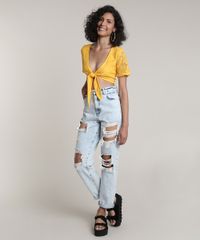 Top-Cropped-Feminino-em-Renda-com-Amarracao-Manga-Curta-Decote-V-Amarelo-9623011-Amarelo_3