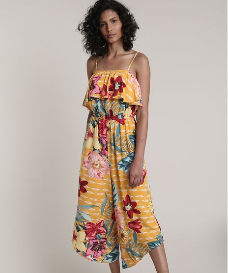 Macacao-Feminino-Pantacourt-Estampado-Floral-com-Babado-Alcas-Finas-Mostarda-9632922-Mostarda_1