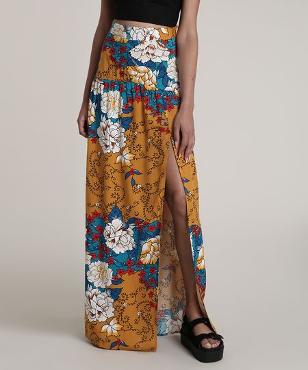 Saia-Feminina-Longa-Estampada-Floral-com-Arabescos-e-Fenda-Caramelo-9632926-Caramelo_1