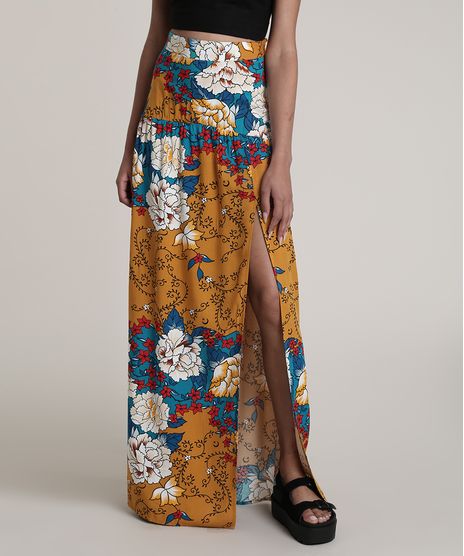 Saia-Feminina-Longa-Estampada-Floral-com-Arabescos-e-Fenda-Caramelo-9632926-Caramelo_1