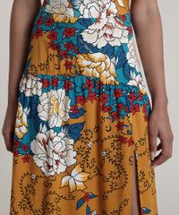 Saia-Feminina-Longa-Estampada-Floral-com-Arabescos-e-Fenda-Caramelo-9632926-Caramelo_4