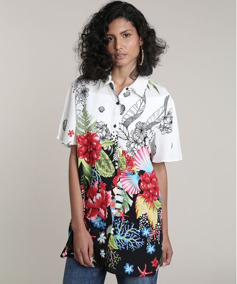 Camisa-Feminina-Ampla-Alongada-Estampada-Floral-Tropical-Manga-Curta--Off-White-9672422-Off_White_1