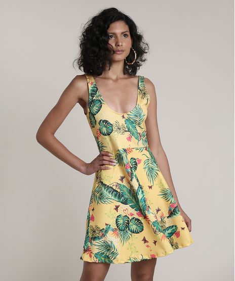 Vestido-Feminino-Curto-Evase-Estampado-de-Folhagem-Alcas-Medias-Amarelo-9708588-Amarelo_1