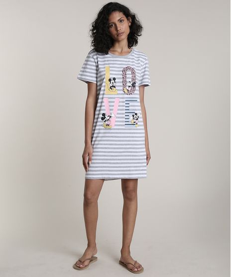 Camisola-Feminina-Mickey-Love-Listrada-Manga-Curta-Cinza-Mescla-Claro-9610505-Cinza_Mescla_Claro_1