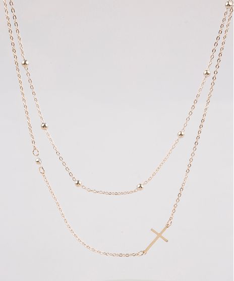 Colar-Feminino-Duplo-Folheado-com-Cruz-e-Esferas-Dourado-9662420-Dourado_1