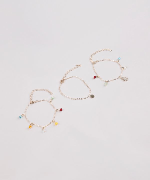 Kit de 3 Pulseiras Femininas Folheadas com Pingentes e Miçangas Dourado Único