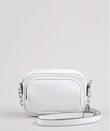 Bolsa-Feminina-Transversal-Pequena-com-Textura-Croco-e-Corrente-Branca-9632515-Branco_1