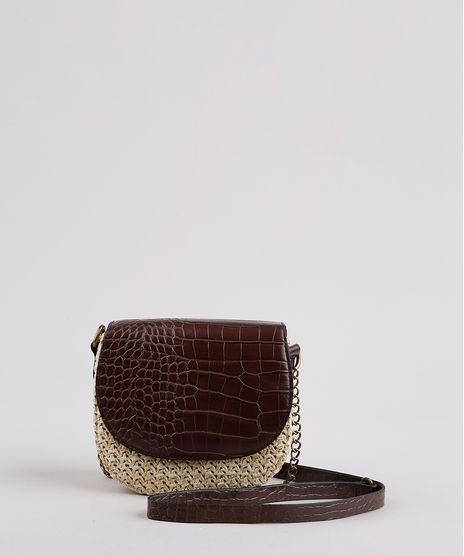 Bolsa-Feminina-Transversal-Pequena-Texturizada-Croco-com-Palha-e-Alca-Corrente-Marrom-9632513-Marrom_1