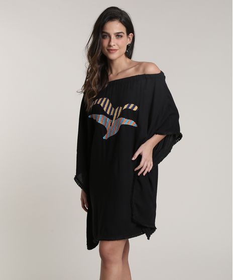 Saida-de-Praia-Feminina-Salinas-Curta-Ombro-a-Ombro-com-Bordado-de-Gaivota-Manga-3-4-Preta-9746943-Preto_1