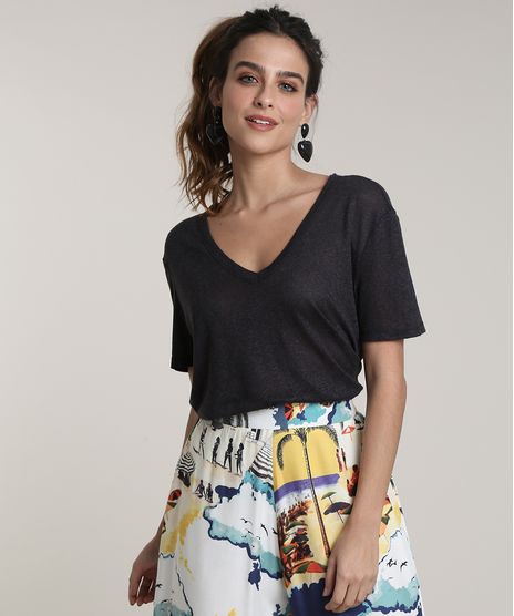 Blusa-Feminina-Salinas-com-Linho-Manga-Curta-Decote-V--Cinza-Mescla-Escuro-9792994-Cinza_Mescla_Escuro_1