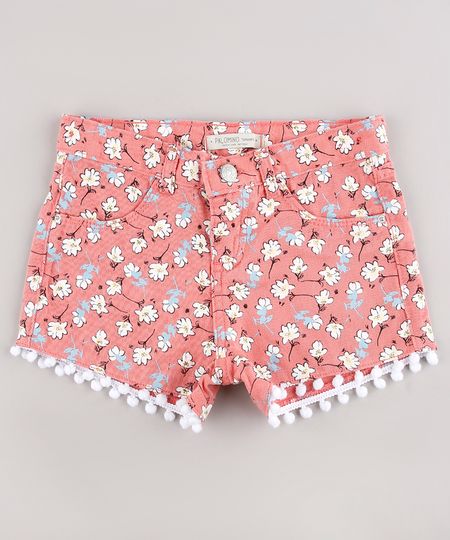 Short-de-Sarja-Infantil-Estampado-Floral-com-Pompom-Coral-9743121-Coral_1