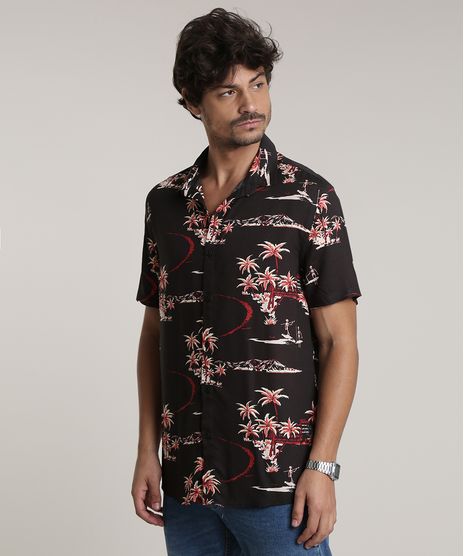 Camisa-Masculina-Tradicional-Estampada-Tropical-com-Esqueleto-Manga-Curta-Preta-9729734-Preto_1