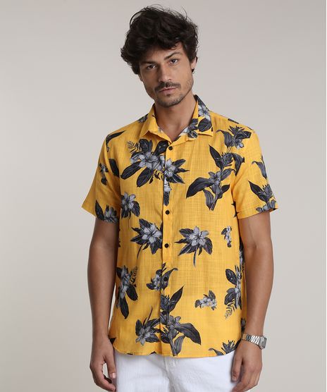 Camisa-Masculina-Tradicional-Estampada-Floral-Manga-Curta-Amarela-9729732-Amarelo_1