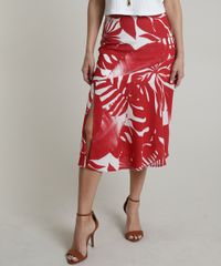 Saia-Feminina-Midi-Estampada-de-Folhagens-com-Fenda-Vermelha-9676632-Vermelho_1