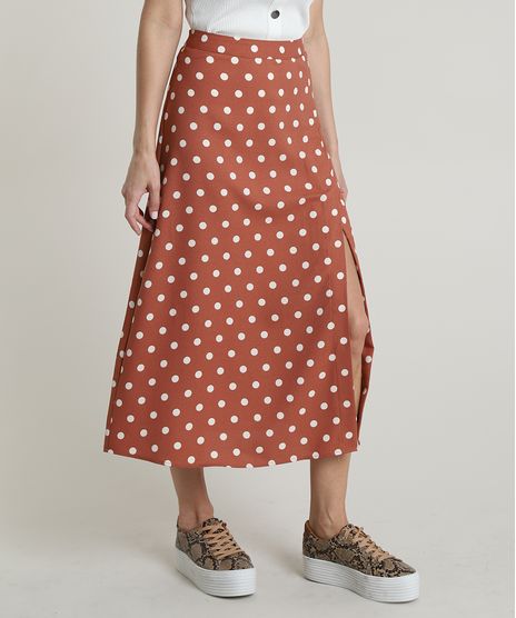 Saia-Feminina-Midi-Estampada-de-Poa-com-Fenda-Marrom-Claro-9669230-Marrom_Claro_1