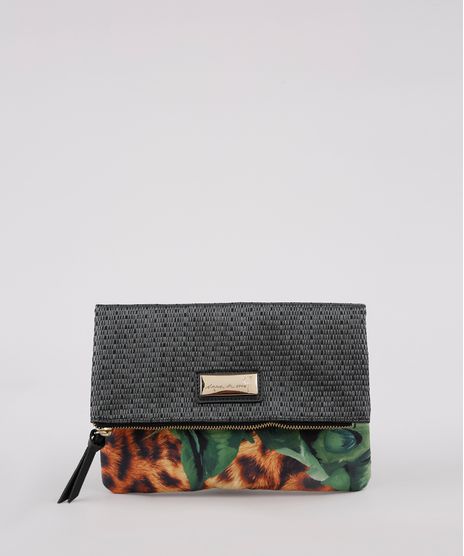 Necessaire-Feminina-Agua-de-Coco-Estampada-Bananeira-Animal-Print-Onca-com-Palha-Preta-9797218-Preto_1