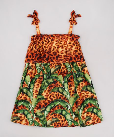 Vestido-Infantil-Agua-de-Coco-Tal-Mae-Tal-Filha-Bananeira-Animal-Print-Onca-Alcas-Finas-Caramelo-9780811-Caramelo_1