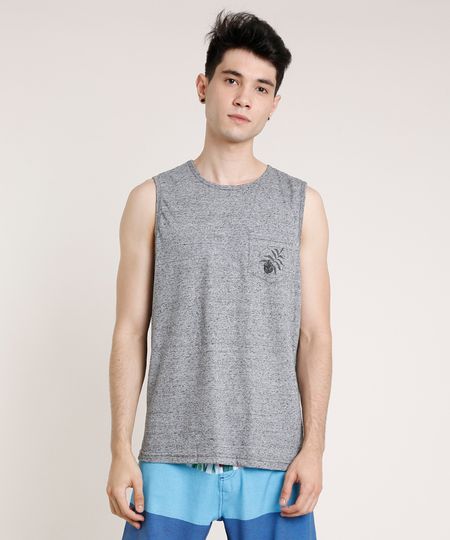 Regata-Masculina-com-Bolso-Estampado-de-Folhagem-Gola-Careca-Cinza-Mescla-9753424-Cinza_Mescla_1