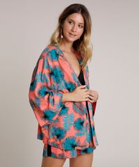 Kimono-Feminino-Curto-Estampado-de-Folhagem-Manga-3-4-Coral-9644277-Coral_1