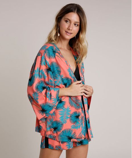 Kimono-Feminino-Curto-Estampado-de-Folhagem-Manga-3-4-Coral-9644277-Coral_1