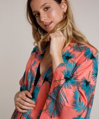 Kimono-Feminino-Curto-Estampado-de-Folhagem-Manga-3-4-Coral-9644277-Coral_4