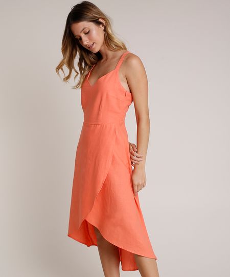 Vestido-Feminino-Midi-em-Linho-com-Transpasse-e-Vazado-Alcas-Medias-Coral-9640596-Coral_1