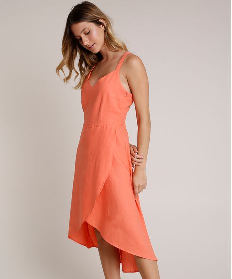 Vestido-Feminino-Midi-em-Linho-com-Transpasse-e-Vazado-Alcas-Medias-Coral-9640596-Coral_1