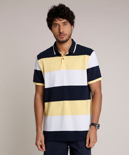 Polo-Masculina-Comfort-Fit-Listrada-em-Piquet-Manga-Curta-Amarela-9727302-Amarelo_1