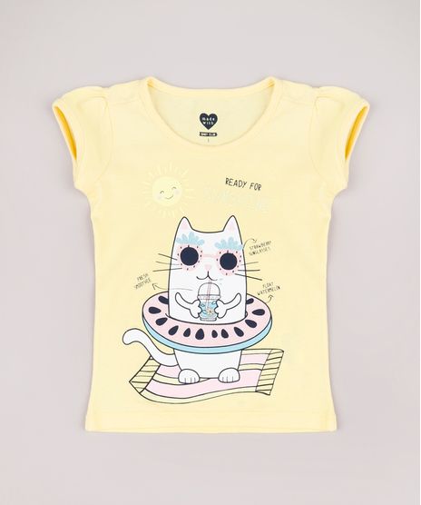 Blusa-Infantil-Gato-com-Boia-Manga-Curta-Amarela-9753222-Amarelo_1