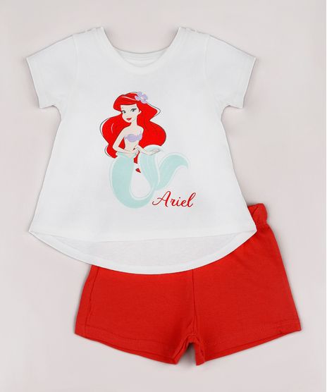 Conjunto-Infantil-Pequena-Sereia-Ariel-de-Blusa-Manga-Curta-Off-White---Short-em-Moletom-Vermelho-9742279-Vermelho_1