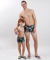 Sunga-Infantil-Blueman-Boxer-Tal-Pai-Tal-Filho-Estampada-de-Folhagem-Tropical-Protecao-UV50--Preta-9780444-Preto_2