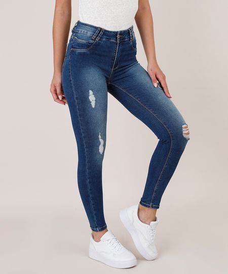 Calça Jeans Feminina Sawary Skinny Pull Up com Rasgos Azul Escuro