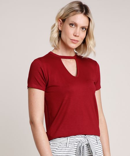 Blusa Feminina Choker Básica Manga Curta Decote Redondo Vinho - G Menor preço em Blusa Feminina Choker Básica Manga Curta Decote Redondo Vinho - G