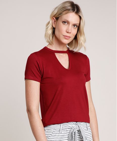 Blusa-Feminina-Choker-Basica-Manga-Curta-Decote-Redondo-Vinho-8625969-Vinho_1_1