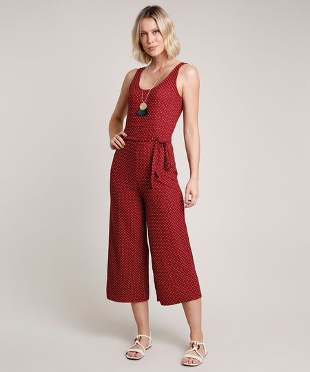 Macacao-Feminino-Pantacourt-Estampado-de-Poa-com-Faixa-para-Amarrar-Alca-Larga-Vermelho-Escuro-9721460-Vermelho_Escuro_1