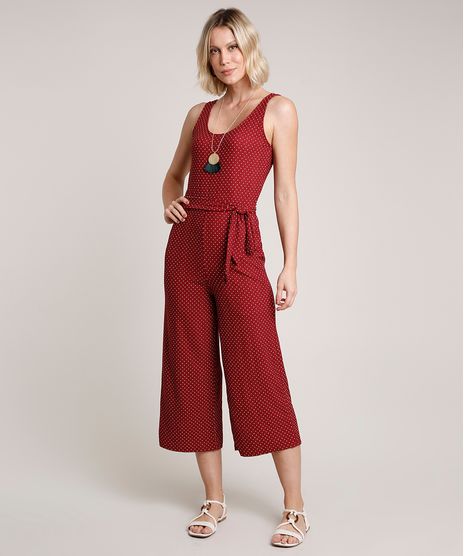 Macacao-Feminino-Pantacourt-Estampado-de-Poa-com-Faixa-para-Amarrar-Alca-Larga-Vermelho-Escuro-9721460-Vermelho_Escuro_1