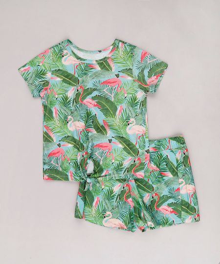 Conjunto-Infantil-de-Blusa-Estampada-de-Flamingos-Manga-Curta---Short-Verde-Agua-9762701-Verde_Agua_1