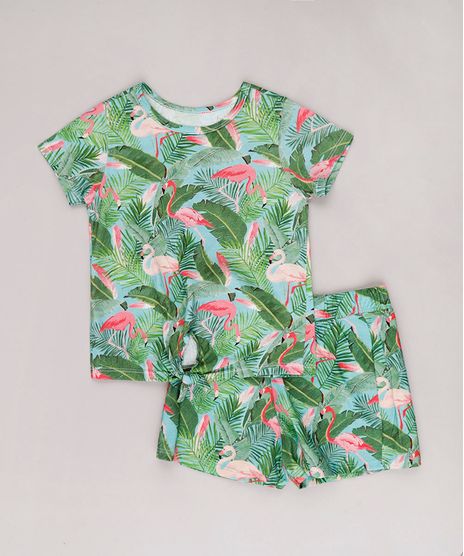 Conjunto-Infantil-de-Blusa-Estampada-de-Flamingos-Manga-Curta---Short-Verde-Agua-9762701-Verde_Agua_1