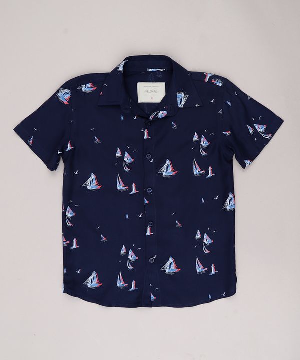 Camisa Infantil Estampada de Barcos Manga Curta Azul Marinho 4