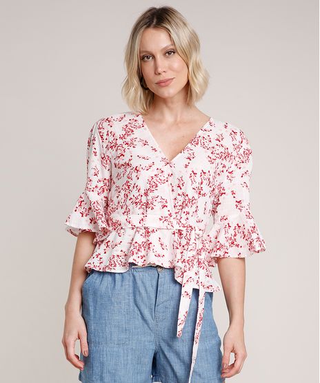 Blusa-Feminina-Estampada-Floral-com-Babados-e-Faixa-para-Amarrar-Manga-Curta-Decote-V-Off-White-9645437-Off_White_1