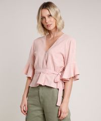 Blusa-Feminina-com-Babados-e-Faixa-para-Amarrar-Manga-Curta-Decote-V-Rose-9645438-Rose_1