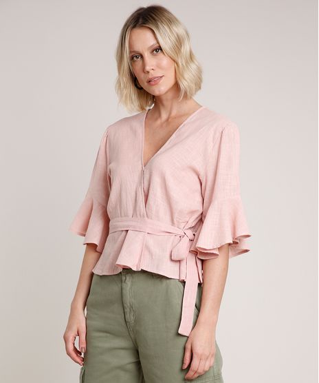 Blusa-Feminina-com-Babados-e-Faixa-para-Amarrar-Manga-Curta-Decote-V-Rose-9645438-Rose_1