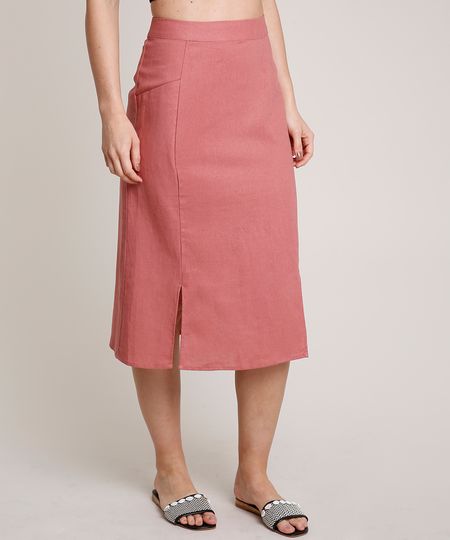 Saia-Feminina-Midi-em-Linho-com-Fenda-e-Bolsos-Rosa-Escuro-9637726-Rosa_Escuro_1