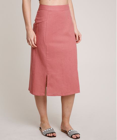 Saia-Feminina-Midi-em-Linho-com-Fenda-e-Bolsos-Rosa-Escuro-9637726-Rosa_Escuro_1