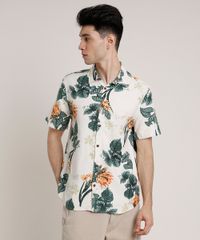 Camisa-Masculina-Tradicional-com-Linho-Estampada-Floral-Manga-Curta-Bege-Claro-9734603-Bege_Claro_1