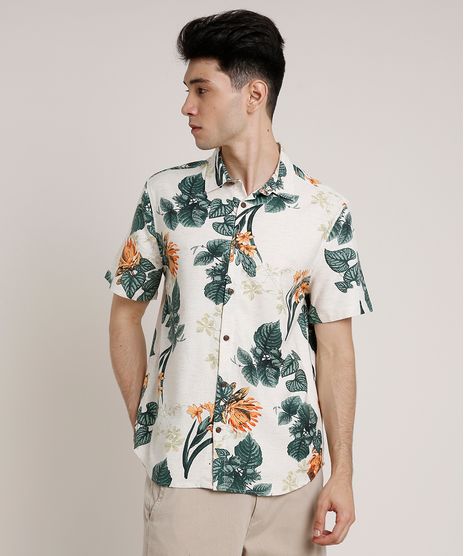 Camisa-Masculina-Tradicional-com-Linho-Estampada-Floral-Manga-Curta-Bege-Claro-9734603-Bege_Claro_1