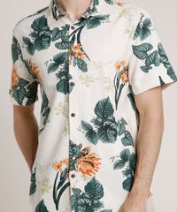 Camisa-Masculina-Tradicional-com-Linho-Estampada-Floral-Manga-Curta-Bege-Claro-9734603-Bege_Claro_4