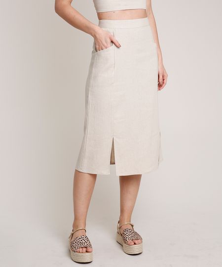 Saia-Feminina-Midi-em-Linho-com-Fenda-e-Bolsos-Kaki-9637726-Kaki_1